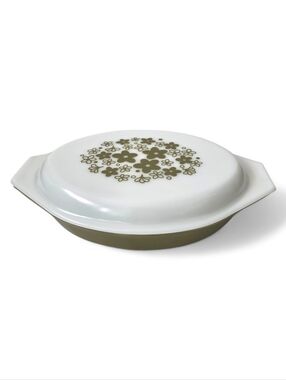Vintage PYREX Crazy Daisy Spring Blossom Divided Green White Casserole Dish